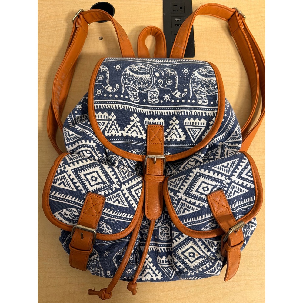 VBIGER Blue Canvas Elephant Print Boho Backpack Tribal Drawstring Rucksack